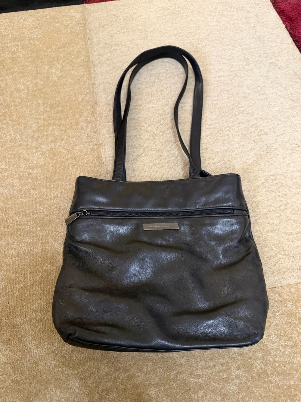 Nine West Black Shoulder Tote Bag Front Zip Pocket Minimalist Purse